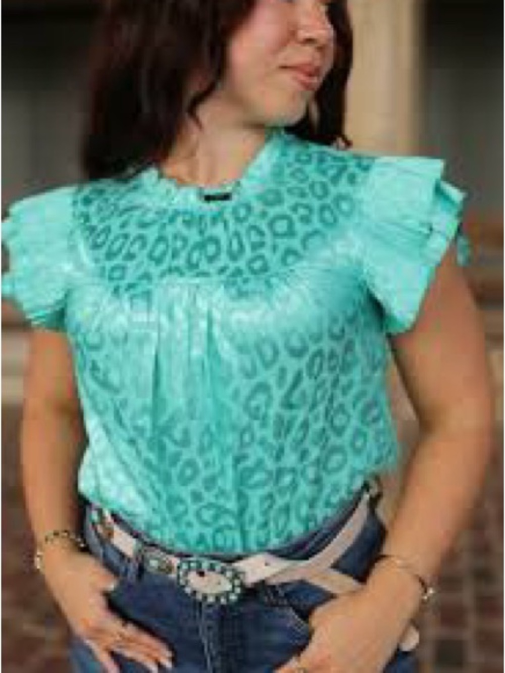JODIFL Turquoise Leopard-Print Ruffle Sleeve Blouse